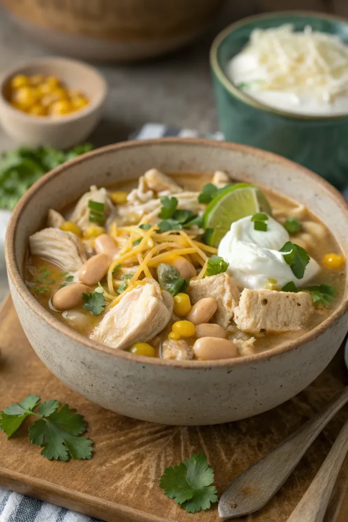 Best white chicken chili with tender chicken, beans, corn, and green chilies, topped with cheese and sour cream