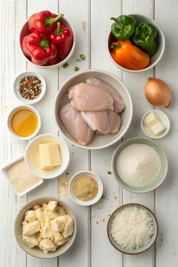 Ingredients for Southern smothered chicken including chicken, flour, broth, onions, and spices.