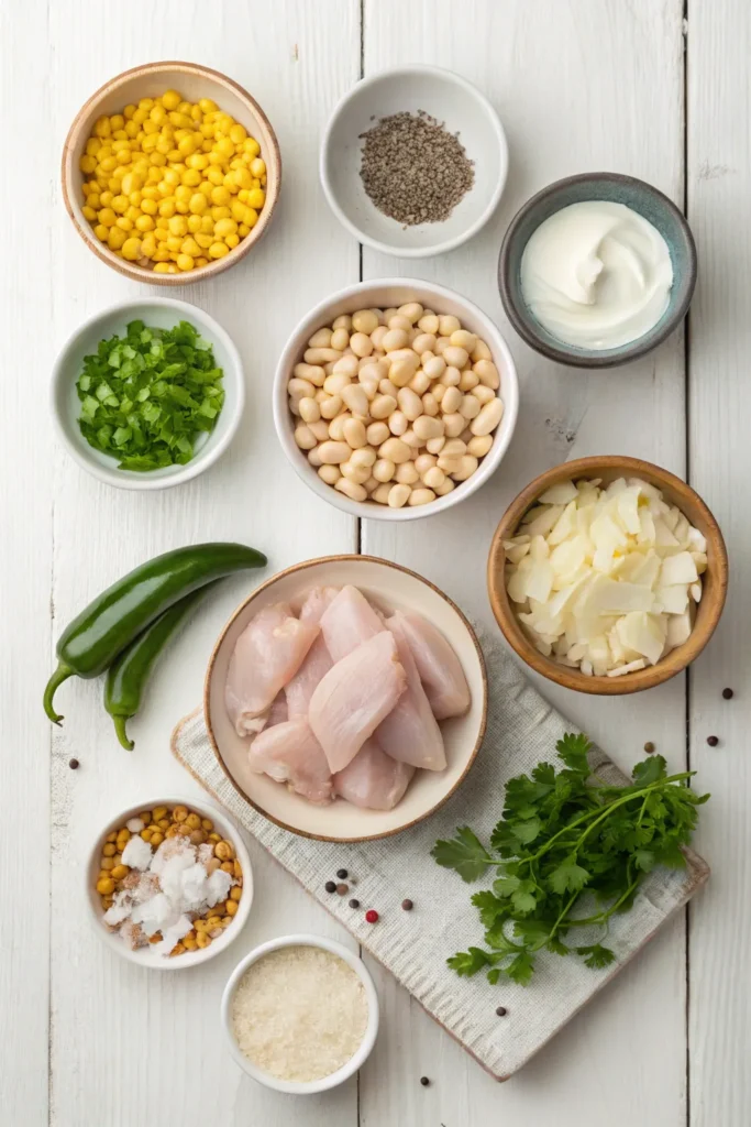 Ingredients for white chicken chili including chicken, beans, corn, green chilies, and seasonings.