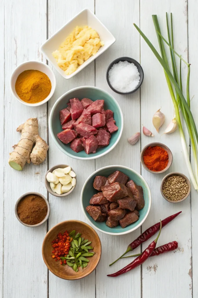 Ingredients for beef rendang including beef, coconut milk, spices, and herbs.