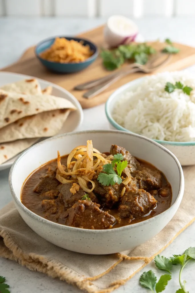 Beef rendang served with rice, garnished with fresh herbs, ready to enjoy.