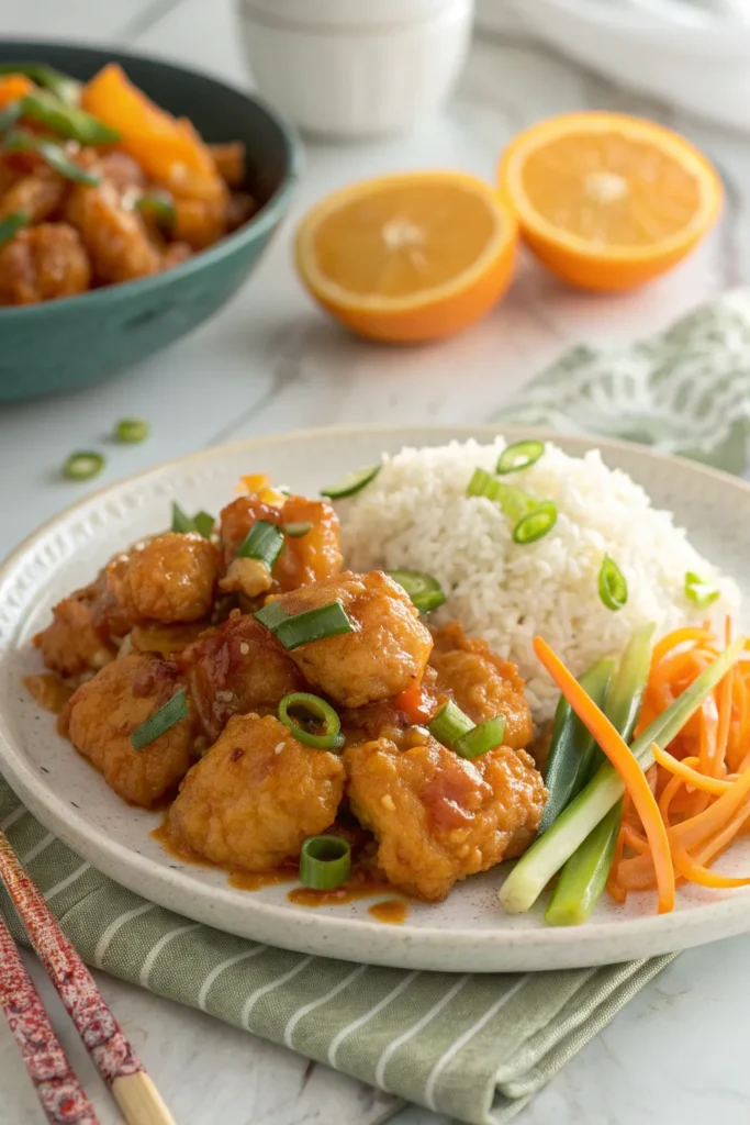 Panda Express-style orange chicken served with rice and garnished with green onions and orange zest.