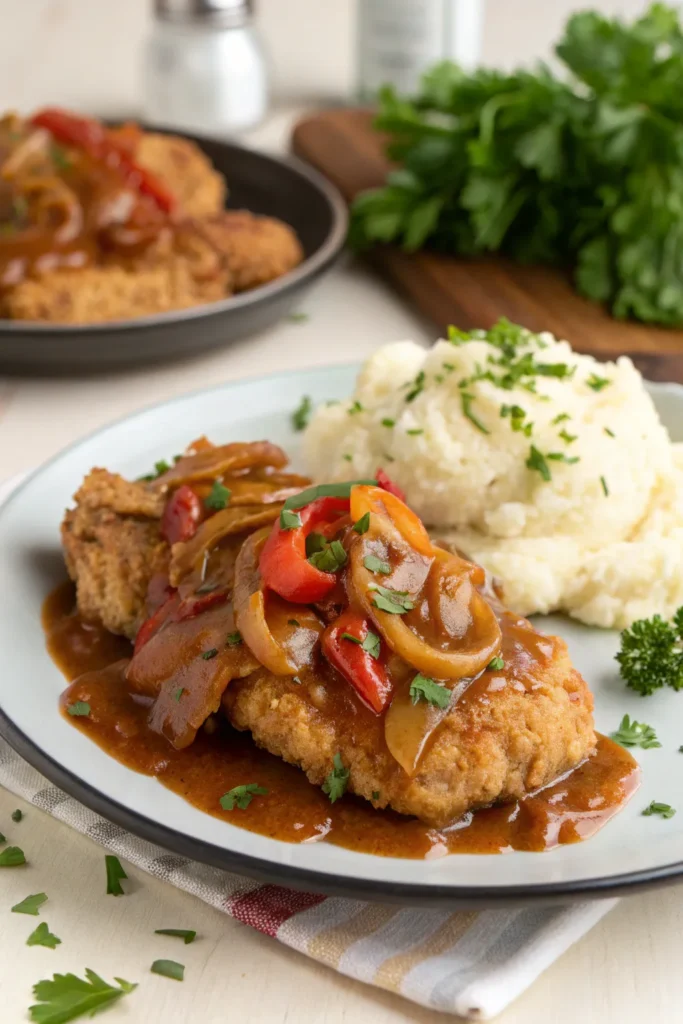 Southern smothered chicken served with mashed potatoes and smothered in savory gravy.