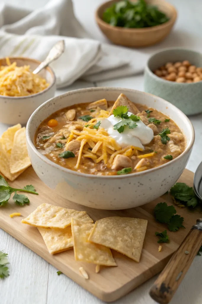 White chicken chili served with cheese, sour cream, and cilantro, alongside tortilla chips.