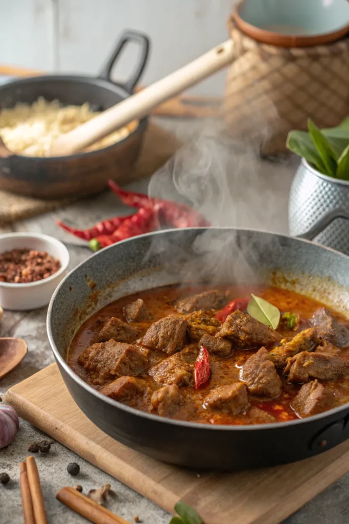 Preparing beef rendang