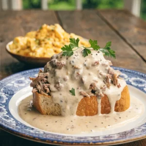 Creamed chipped beef in creamy gravy served over toast on a white plate