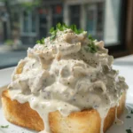 Creamed chipped beef in creamy gravy served over toast on a white plate.
