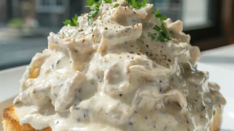 Creamed chipped beef in creamy gravy served over toast on a white plate.