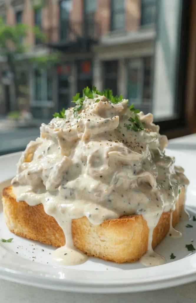 Creamed chipped beef in creamy gravy served over toast on a white plate.