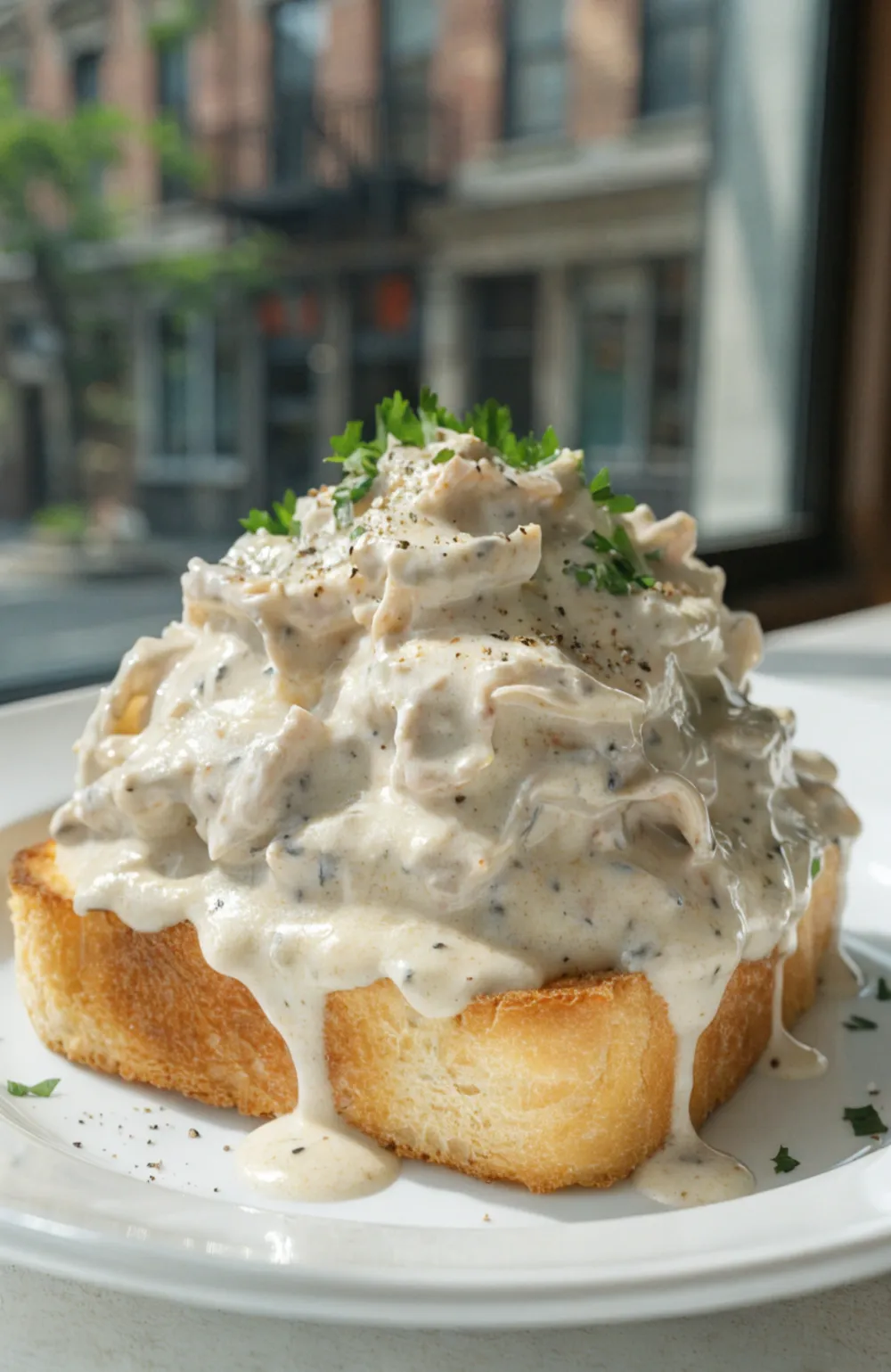 Creamed chipped beef in creamy gravy served over toast on a white plate.