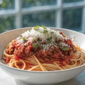 Spaghetti topped with rich homemade meat sauce