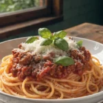 Spaghetti topped with rich homemade meat sauce, Parmesan cheese, and fresh basil.