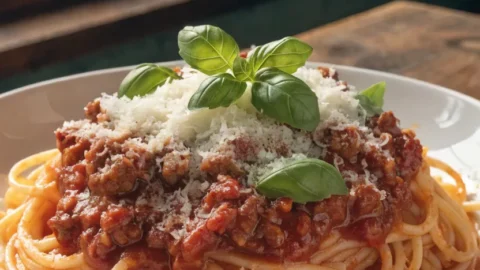 Spaghetti topped with rich homemade meat sauce, Parmesan cheese, and fresh basil.