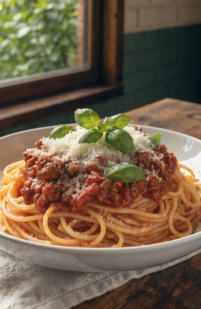 Spaghetti topped with rich homemade meat sauce, Parmesan cheese, and fresh basil.