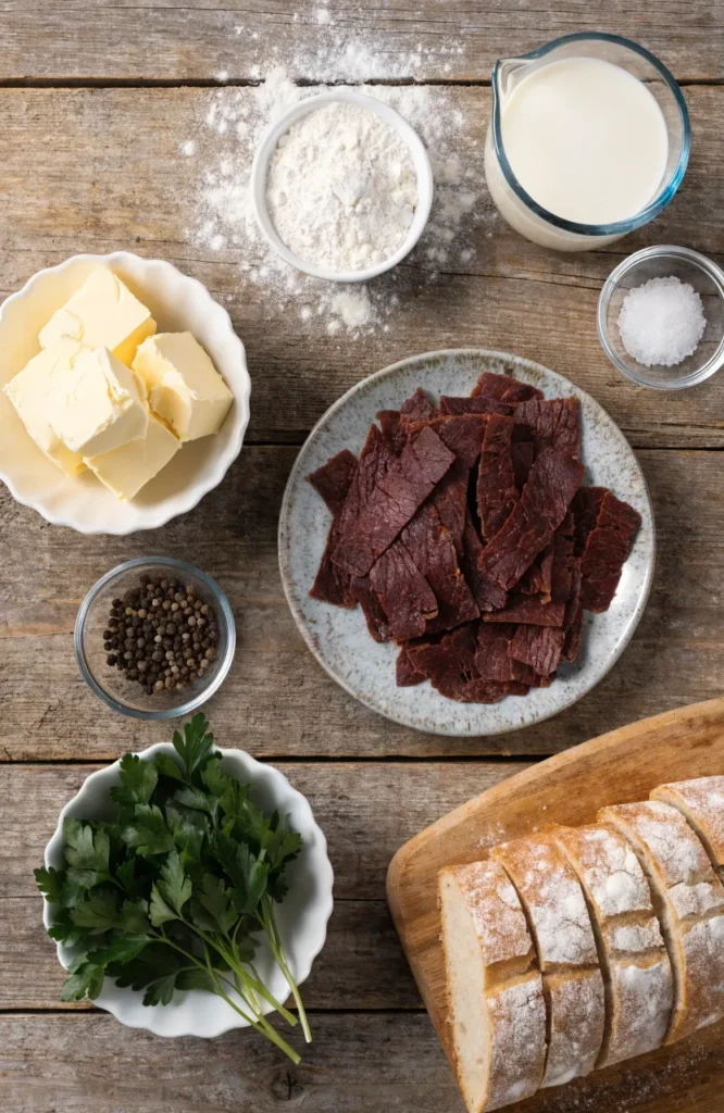 Ingredients for creamed chipped beef on toast arranged on a wooden surface.