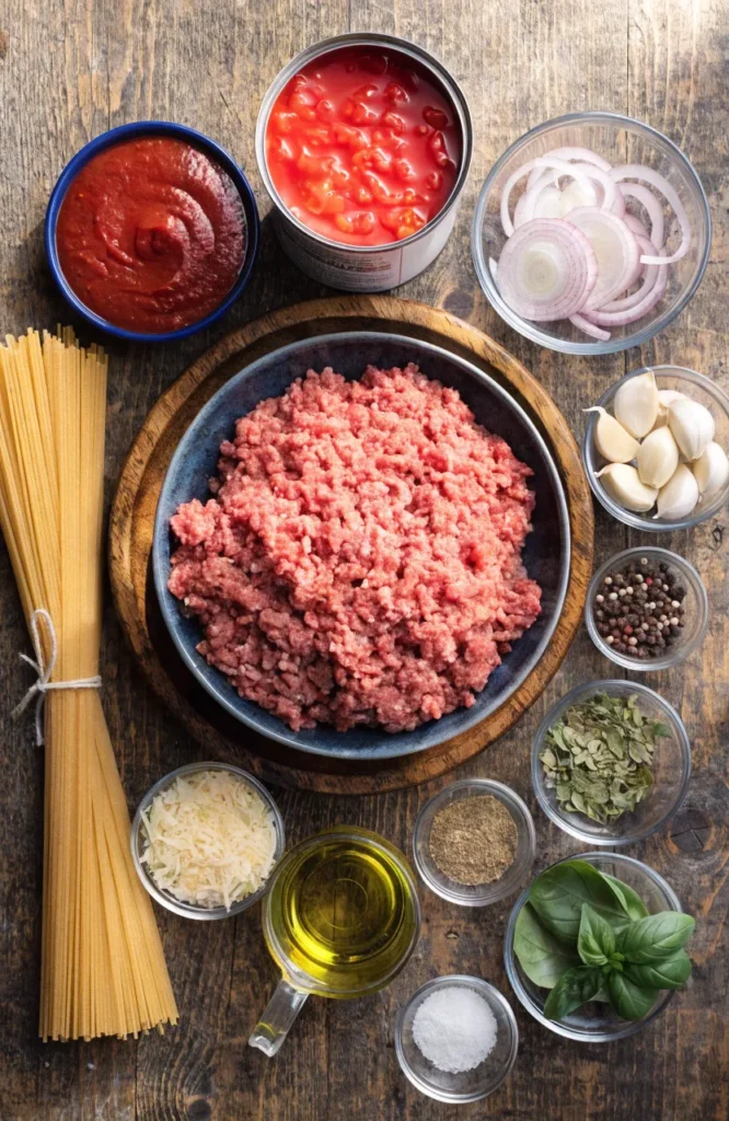 Ingredients for homemade spaghetti sauce with ground beef arranged on a wooden surface.
