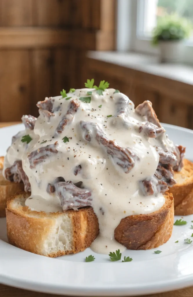 Creamed chipped beef on toast served hot with parsley and black pepper.