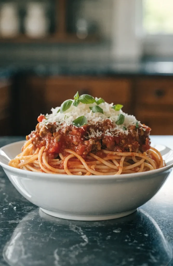 Homemade spaghetti with ground beef sauce served with Parmesan and basil.