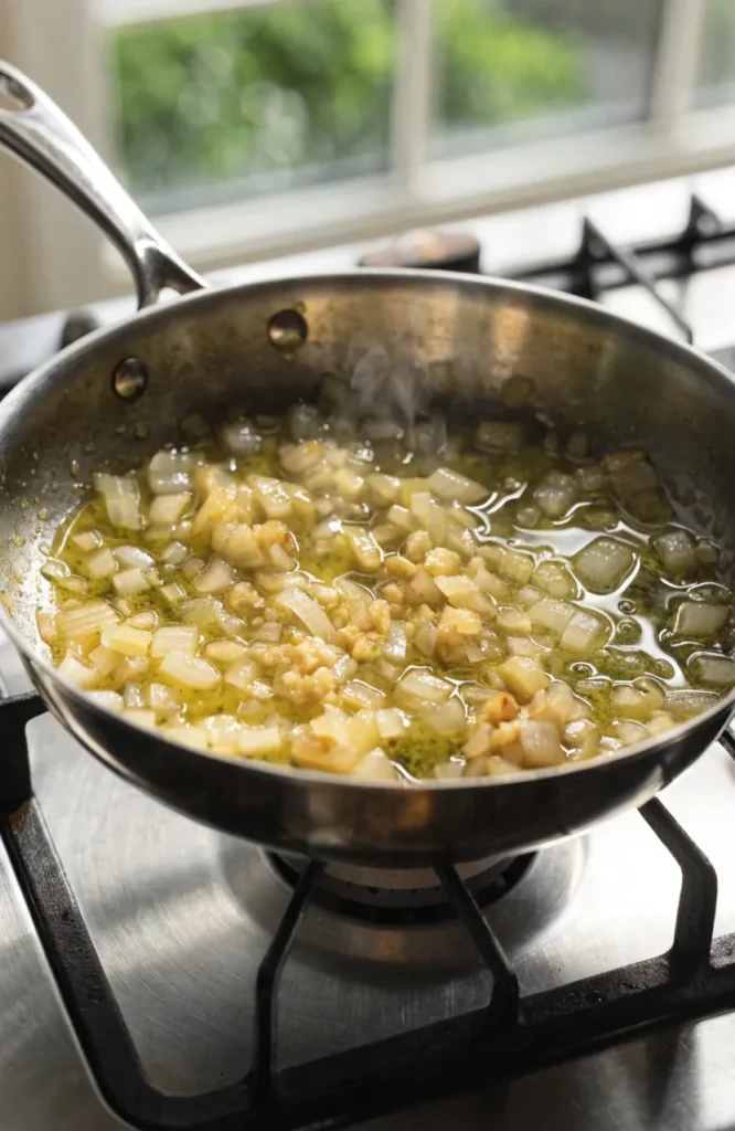 Onions and garlic sautéing in olive oil in a skillet.
