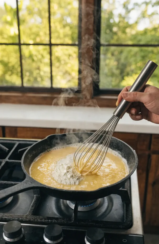 Butter and flour being whisked in a skillet to make a roux.