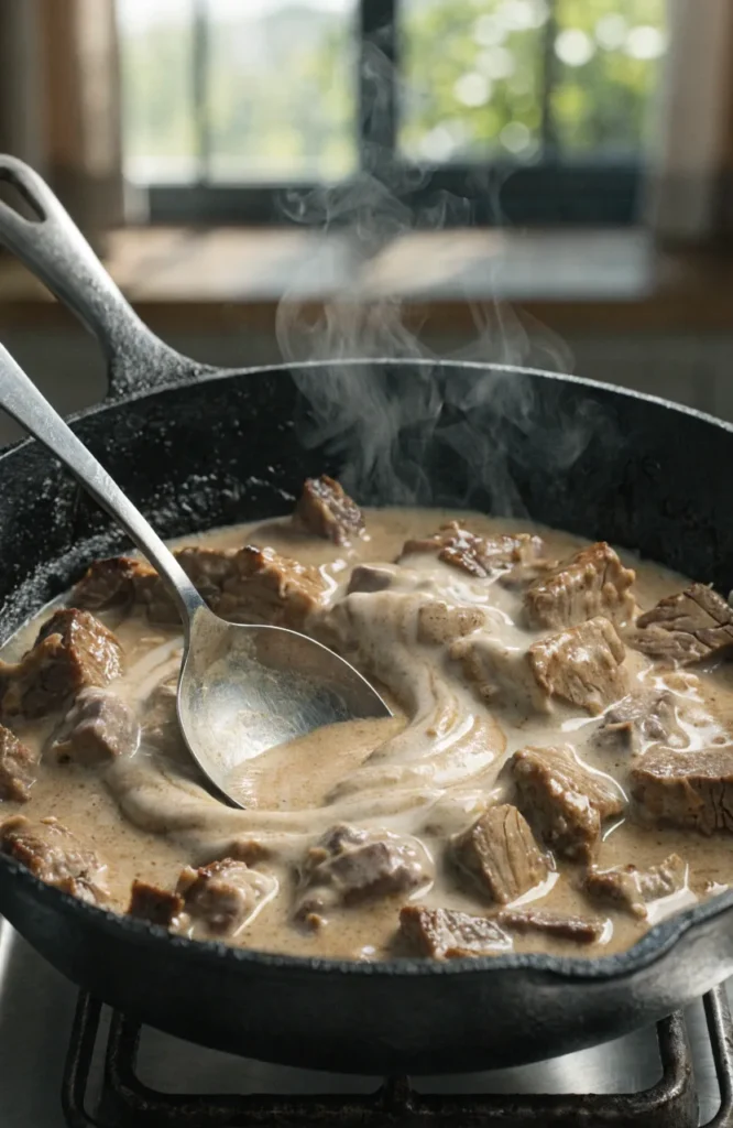 Ultra-realistic professional food photography of thin slices of chipped beef being chopped into smaller pieces on a wooden cutting board, sharp kitchen knife in motion, close-up view, rustic kitchen setting, natural daylight, soft shadows, shallow depth of field, high resolution, 4K