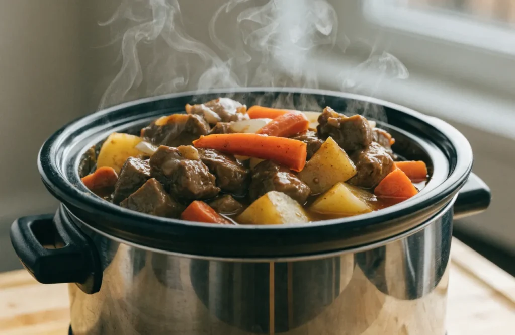 Slow cooker with tender beef stew meat and vegetables in rich brown gravy